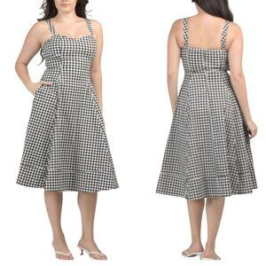 Avec Les Filles NWT Black White Gingham Fit And Flare Midi Dress Pockets Size 12